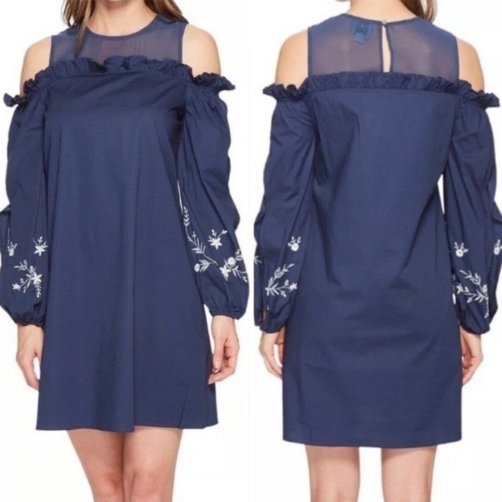 CeCe Cold Shoulder Floral Embroidered Shift Dress Blue Size 6